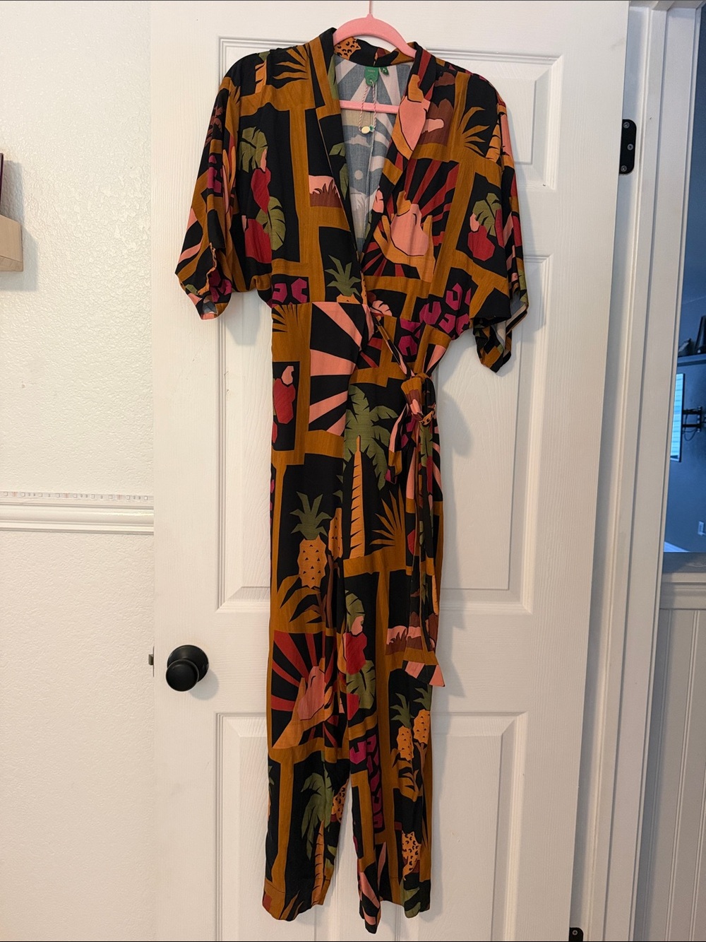 FARM Rio Black Wrap Dress with Mustard & Pink Tropical Motif